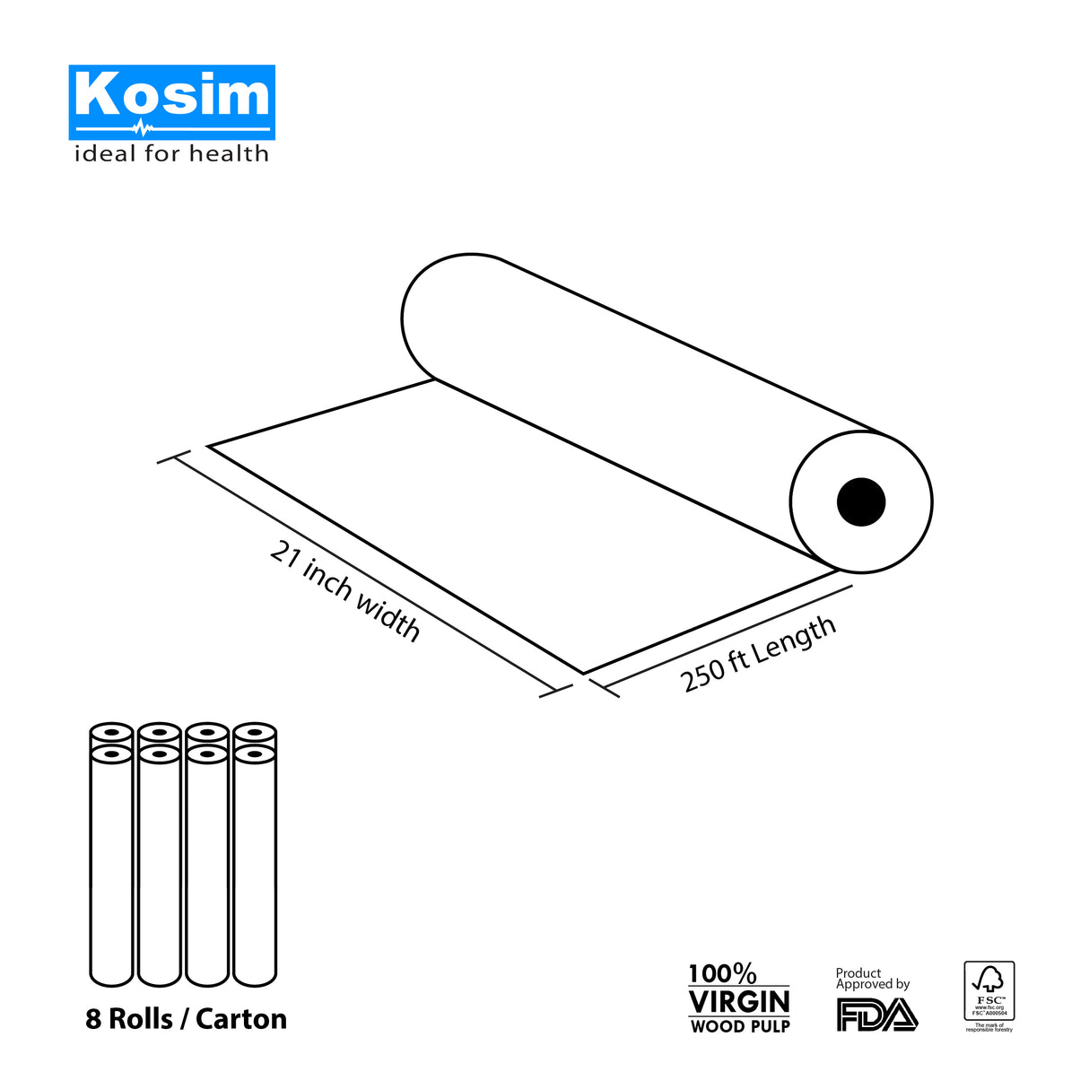 Box of 21" x 250 Ft Premium Smooth Paper Roll for Massage Table (8 Rolls/Box)